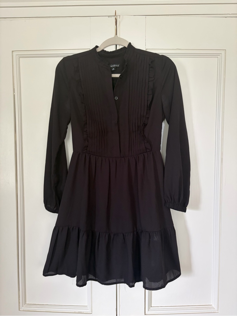 J. Crew Black Pintuck Tiered Long-Sleeve Mini Dress